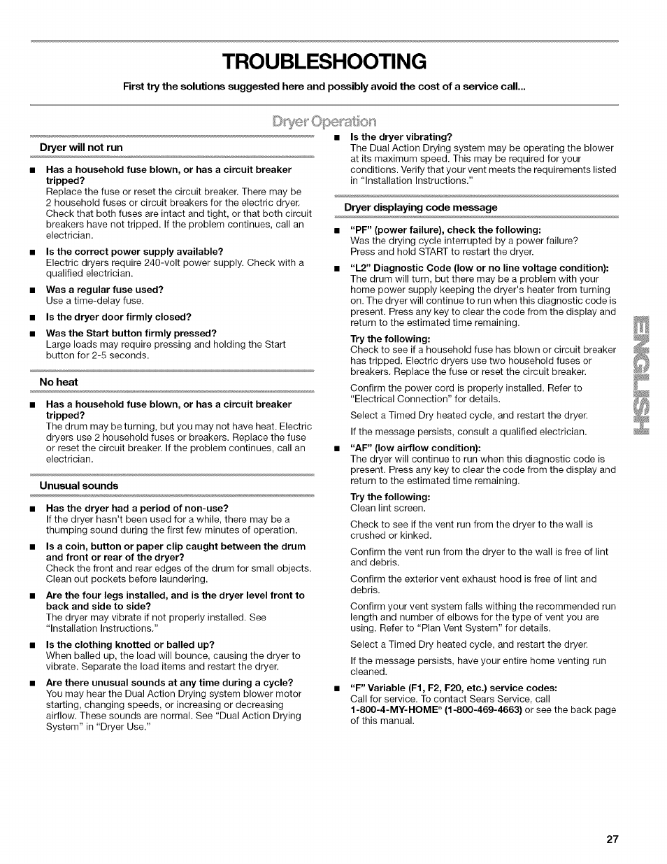 Dryer will not run, No heat, Unusual sounds | Dryer displaying code message, Troubleshooting | Kenmore ELITE OASIS Steam 110.6808 User Manual | Page 27 / 60