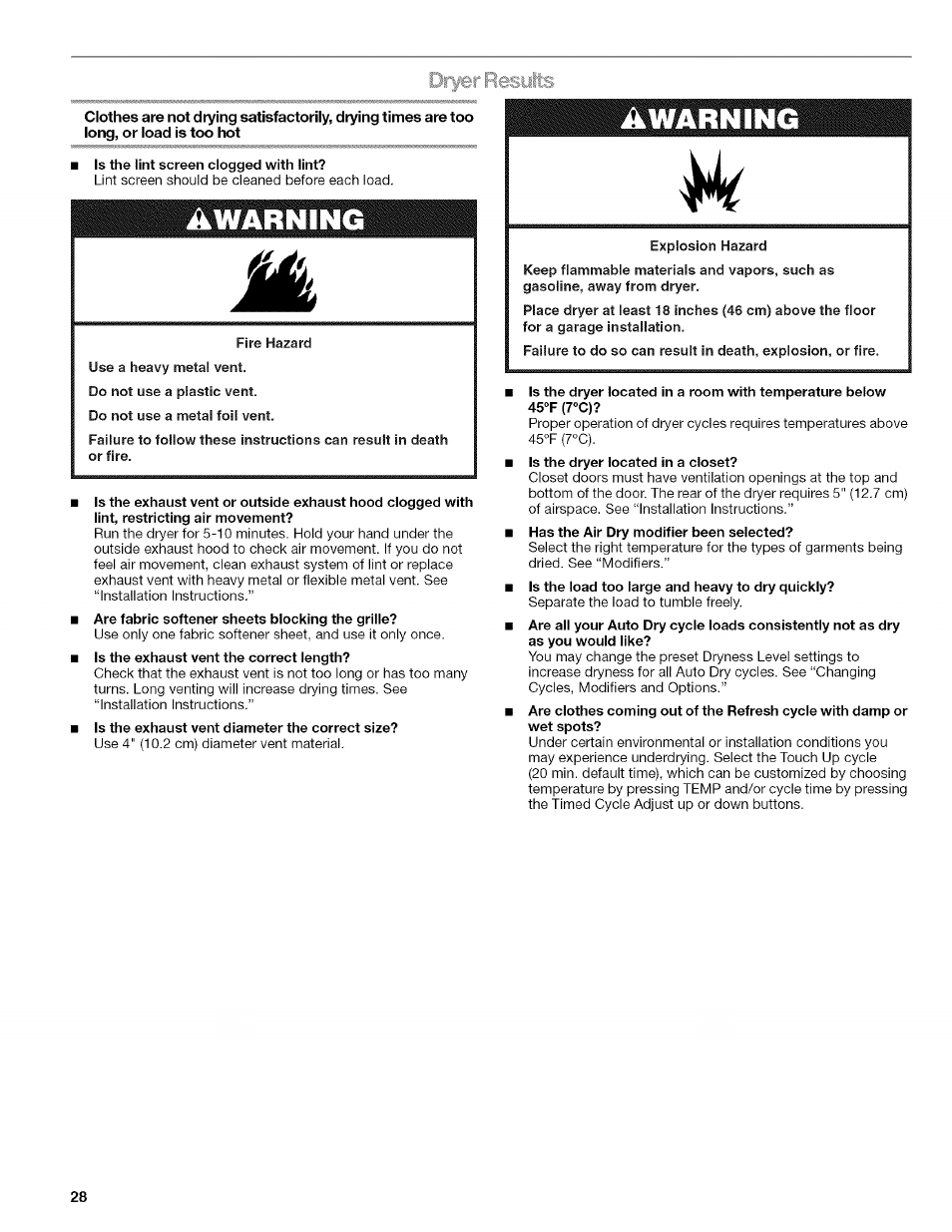 Dryer resyfts, Ikwarning w | Kenmore ELITE OASIS Steam 110.6808 User Manual | Page 28 / 60