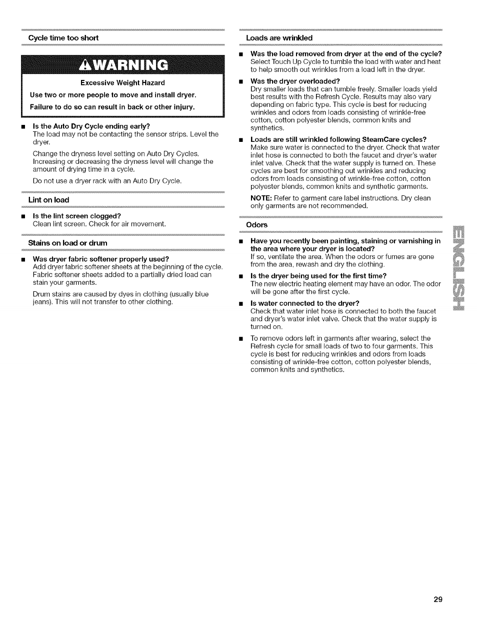 Lint on load, Odors, Warning | Kenmore ELITE OASIS Steam 110.6808 User Manual | Page 29 / 60