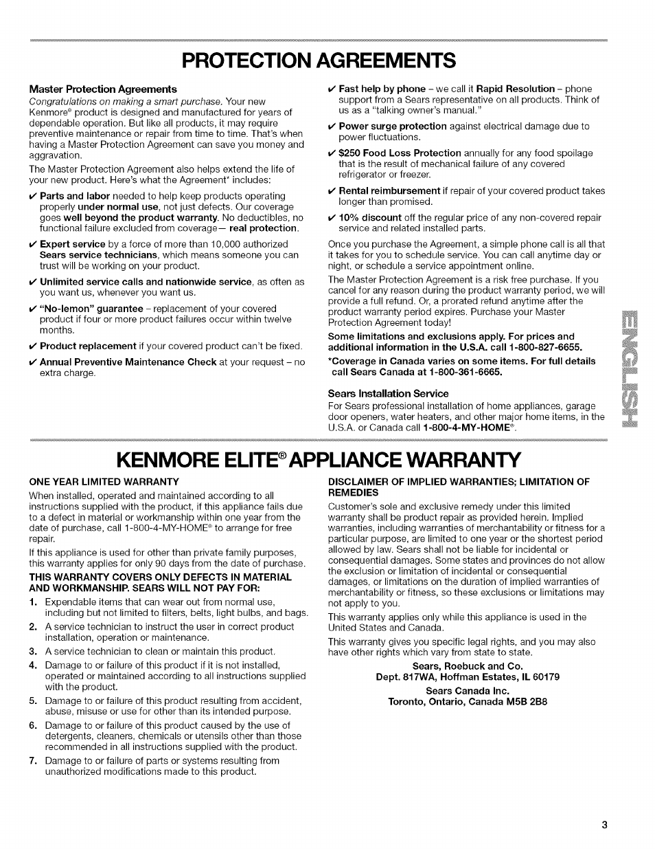 Master pratection agreements, Sears installation service, Protection agreements | Kenmore elitp appliance warranty | Kenmore ELITE OASIS Steam 110.6808 User Manual | Page 3 / 60