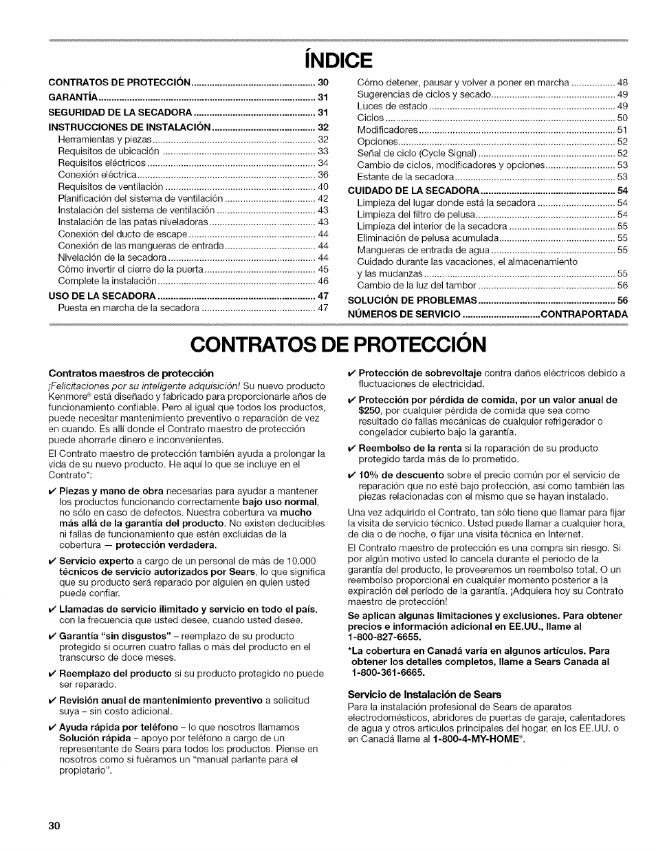 Contratos maestros de protección, Servicio de instalación de sears, Indice | Contratos de proteccion | Kenmore ELITE OASIS Steam 110.6808 User Manual | Page 30 / 60