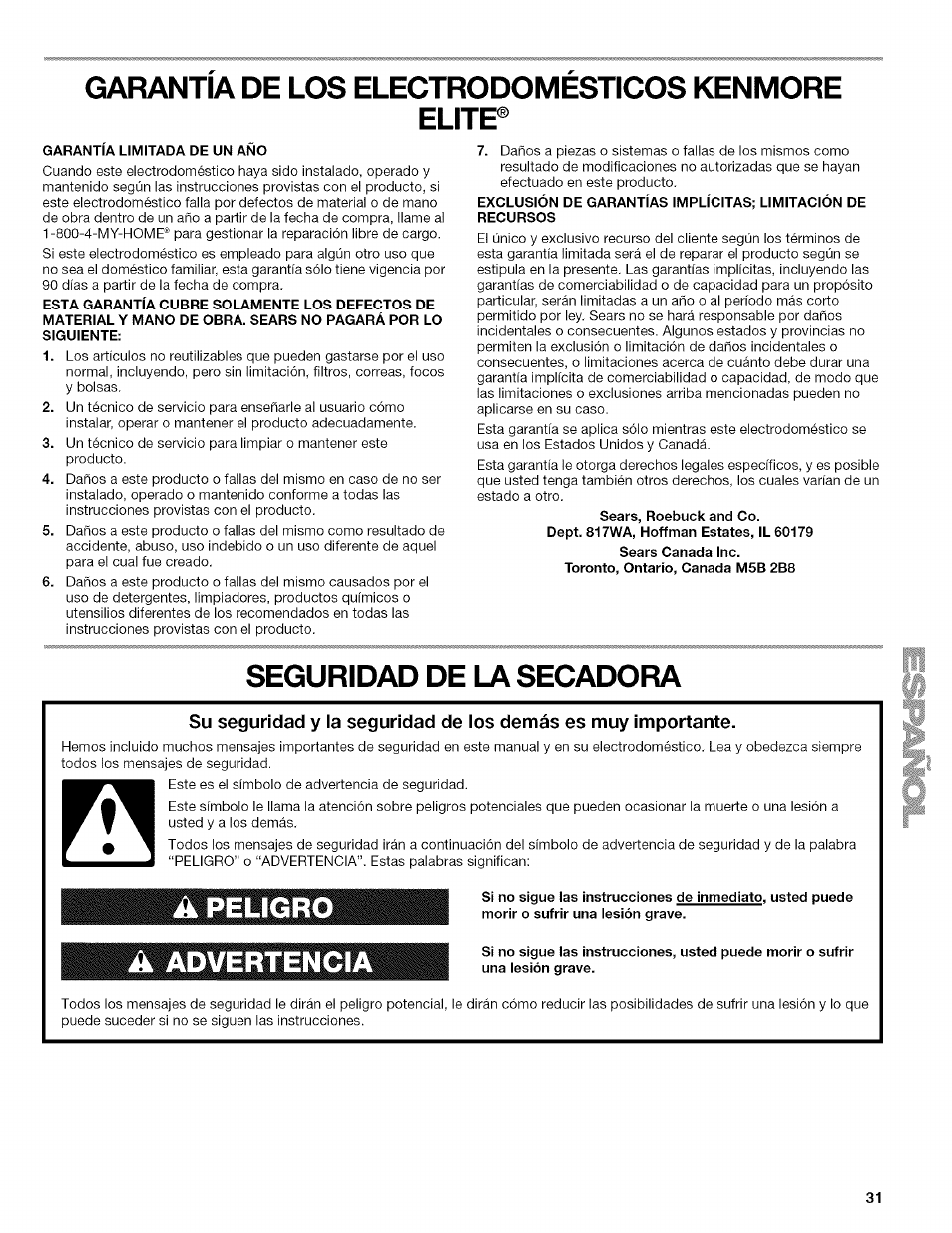 Garantia de los electrodomesticos kenmore elite, Seguridad de la secadora, Peligro a, advertencia | Kenmore ELITE OASIS Steam 110.6808 User Manual | Page 31 / 60