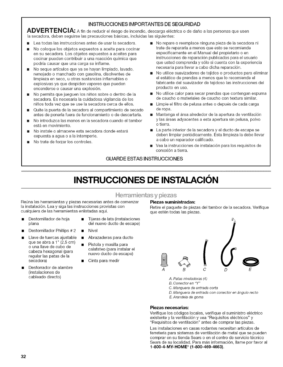 Piezas suministradas, Piezas necesarias, Instrucciones de instalacion | Advertencia | Kenmore ELITE OASIS Steam 110.6808 User Manual | Page 32 / 60