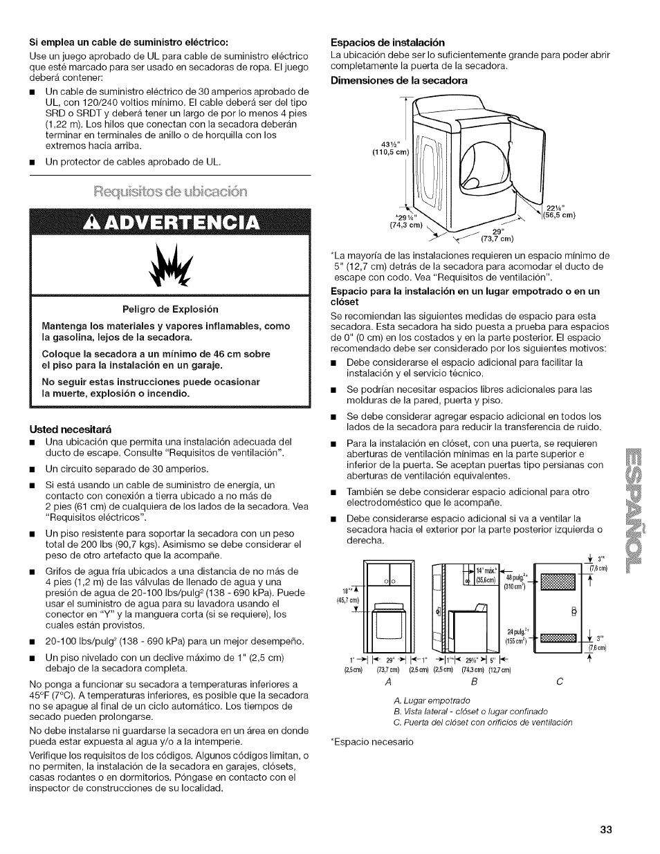 Usted necesitará, Espacios de instalación, Instrucciones de instalación | Antz | Kenmore ELITE OASIS Steam 110.6808 User Manual | Page 33 / 60