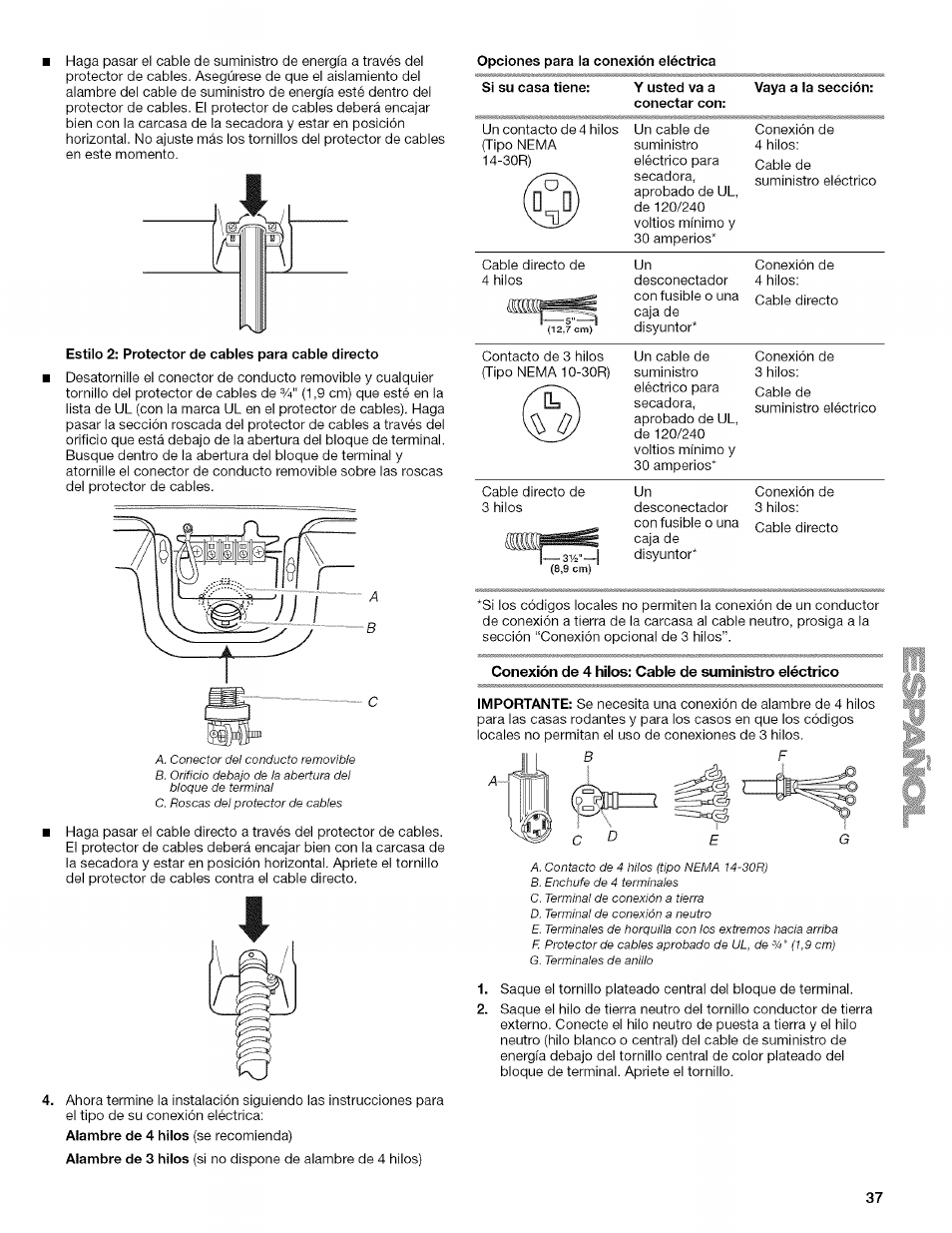 Conexión de 4 hilos: cable de suministro eléctrico | Kenmore ELITE OASIS Steam 110.6808 User Manual | Page 37 / 60