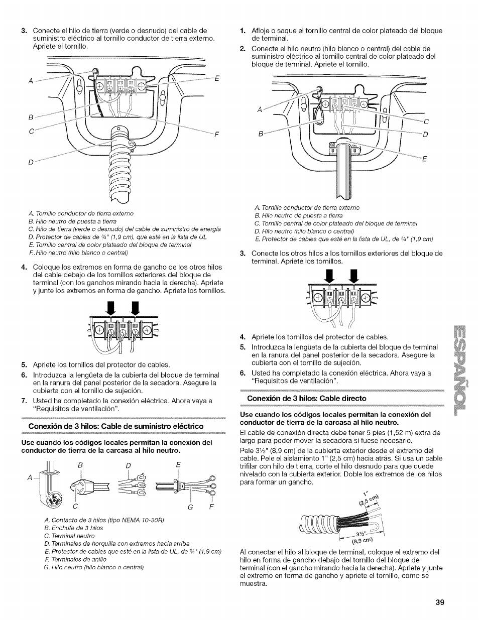 Conexión de 3 hilos; cable de suministro eléctrico, Conexión de 3 hilos: cable directo | Kenmore ELITE OASIS Steam 110.6808 User Manual | Page 39 / 60