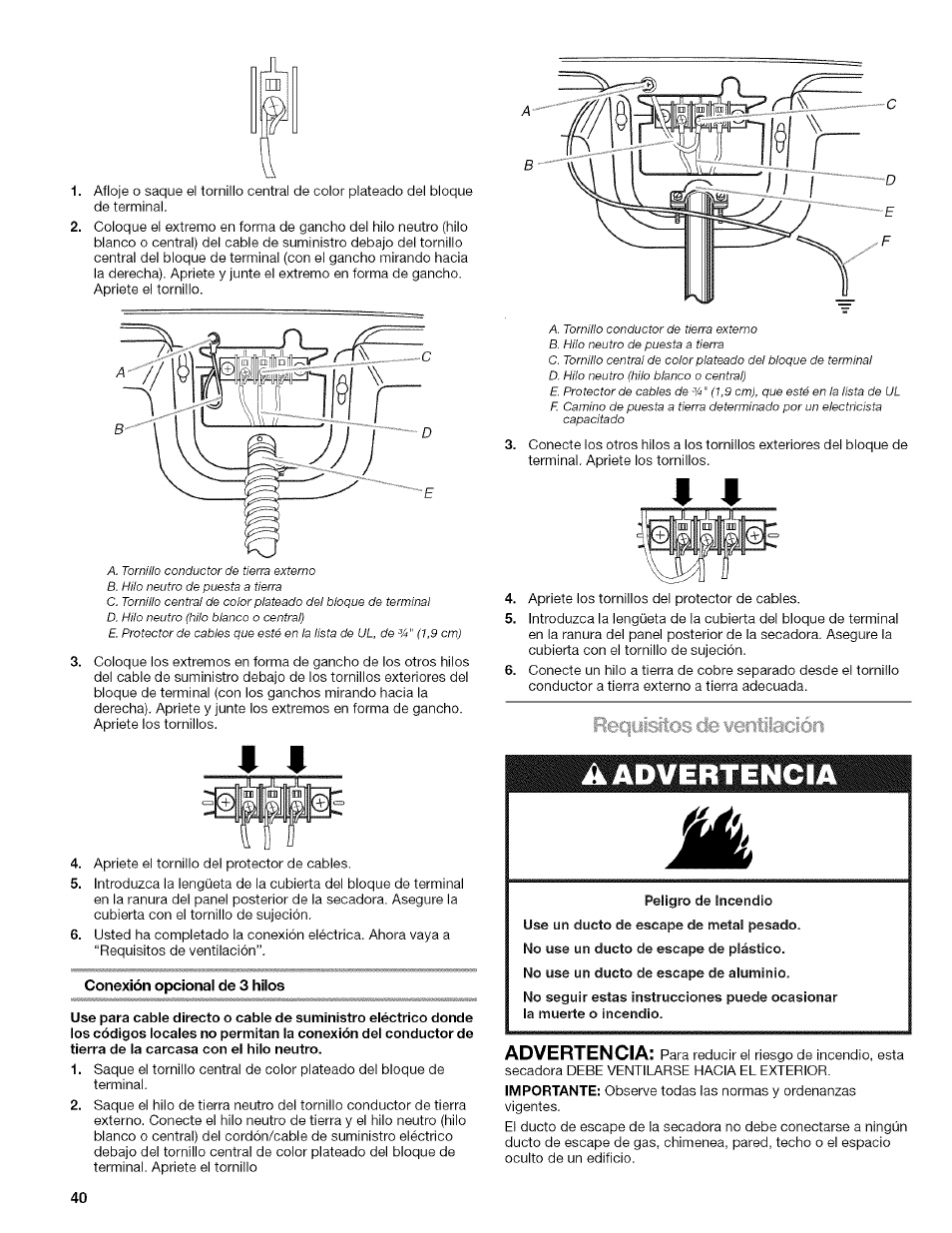 Conexión opcional de 3 hilos, Reqyisftos de wentiación, Requisitos de ventilación | À advertencia, Advertencia | Kenmore ELITE OASIS Steam 110.6808 User Manual | Page 40 / 60