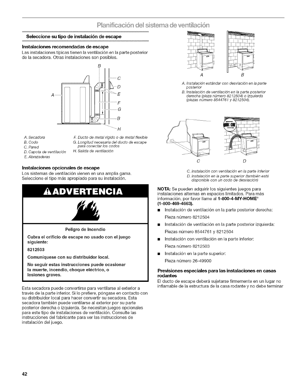 Seleccione su tipo de instalación de escape, Instalaciones recomendadas de escape, Instalaciones opcionales de escape | Advertencia | Kenmore ELITE OASIS Steam 110.6808 User Manual | Page 42 / 60