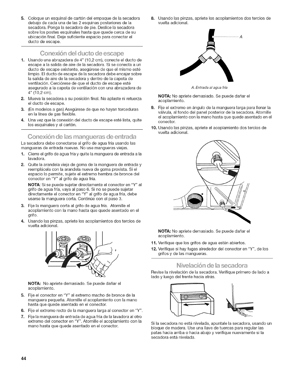 Coneiiórt cte las í‘m ■ ■ ■ a, Liielación de la secadora, Nivelación de la secadora | Coneiiórt cte las | Kenmore ELITE OASIS Steam 110.6808 User Manual | Page 44 / 60