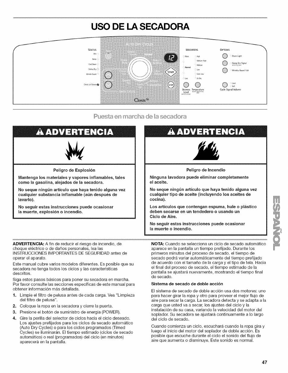 De la secadora a advertencia, A advertencia | Kenmore ELITE OASIS Steam 110.6808 User Manual | Page 47 / 60