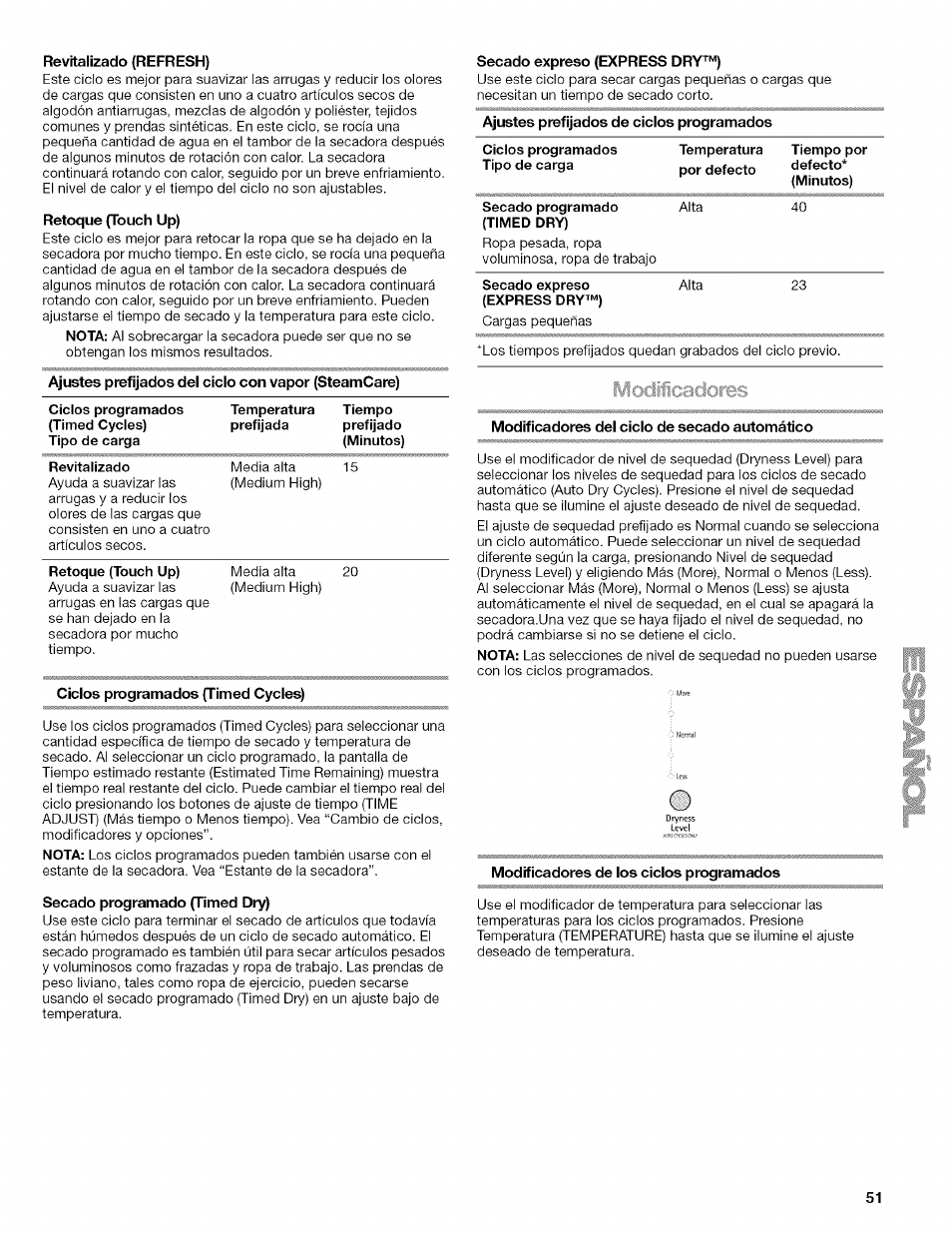 Revitalizado (refresh), Retoque (touch up), Ciclos programados {timed cycles) | Secado expreso (express dry™), Modificadores del ciclo de secado automático, Secado programado (timed dry) | Kenmore ELITE OASIS Steam 110.6808 User Manual | Page 51 / 60