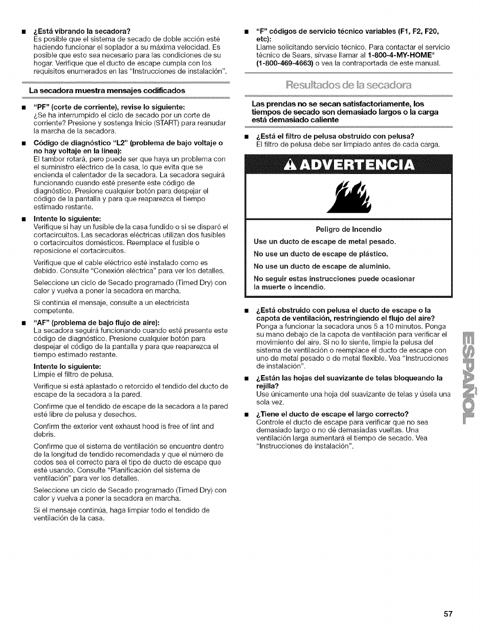 La secadora muestra mensajes codificados, A advertencia | Kenmore ELITE OASIS Steam 110.6808 User Manual | Page 57 / 60