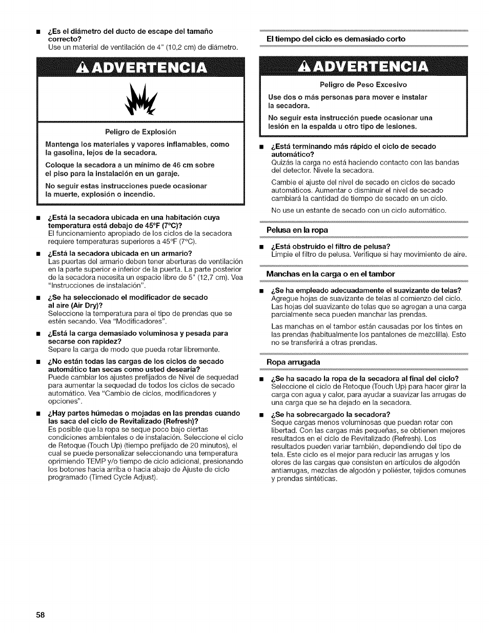 El tiempo del ciclo es demasiado corto, Pelusa en la ropa, Manchas en la carga o en el tambor | Ropa arrugada, A advertencia, Aadvertencia | Kenmore ELITE OASIS Steam 110.6808 User Manual | Page 58 / 60