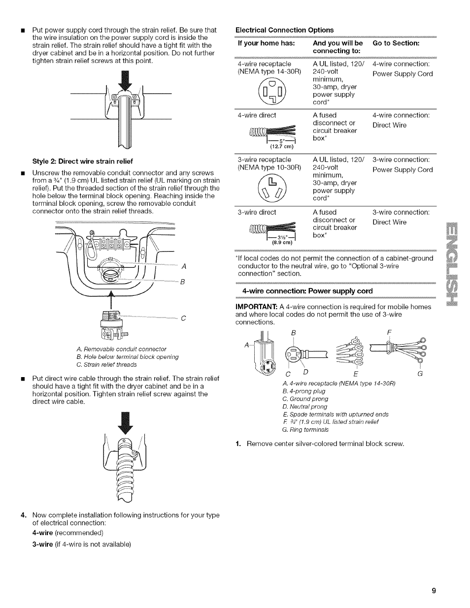 Wire connection: power supply cord | Kenmore ELITE OASIS Steam 110.6808 User Manual | Page 9 / 60