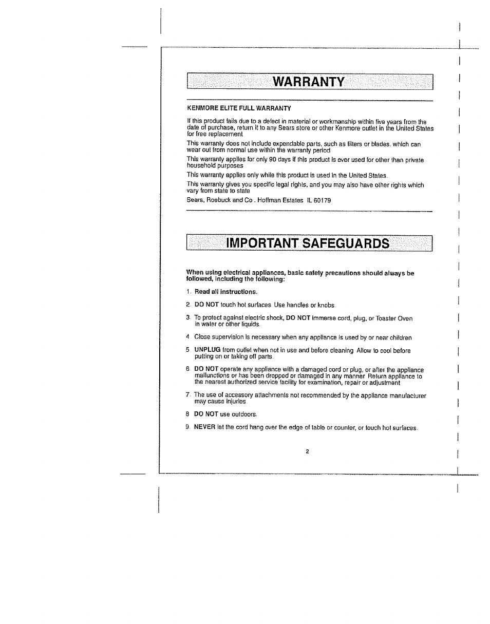 Kenmore elite full warranty, 1 read all instructions, Warranty | Important safeguards | Kenmore Elite 100.90005 User Manual | Page 2 / 12