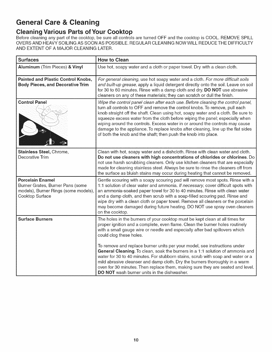 Generai care & cleaning, Cleaning various parts of your cooktop | Kenmore 3241 User Manual | Page 10 / 16