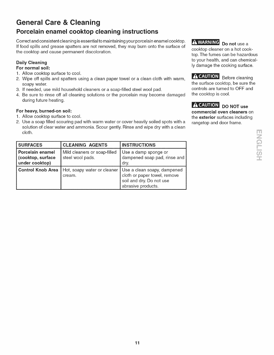 Daily cleaning, For heavy, burned-on soil, A warning | A caution, General care & cleaning, Porcelain enamel cooktop cleaning instructions | Kenmore 3241 User Manual | Page 11 / 16