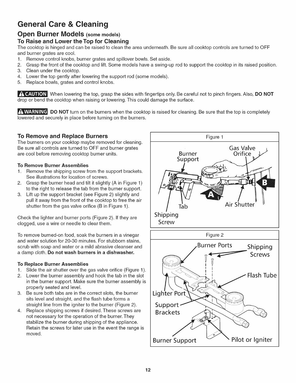 To remove and replace burners, To remove burner assemblies, To replace burner assemblies | Shipping, Screws, Lighter port, Support brackets, Burner support, Pilot or igniter, General care & cleaning | Kenmore 3241 User Manual | Page 12 / 16