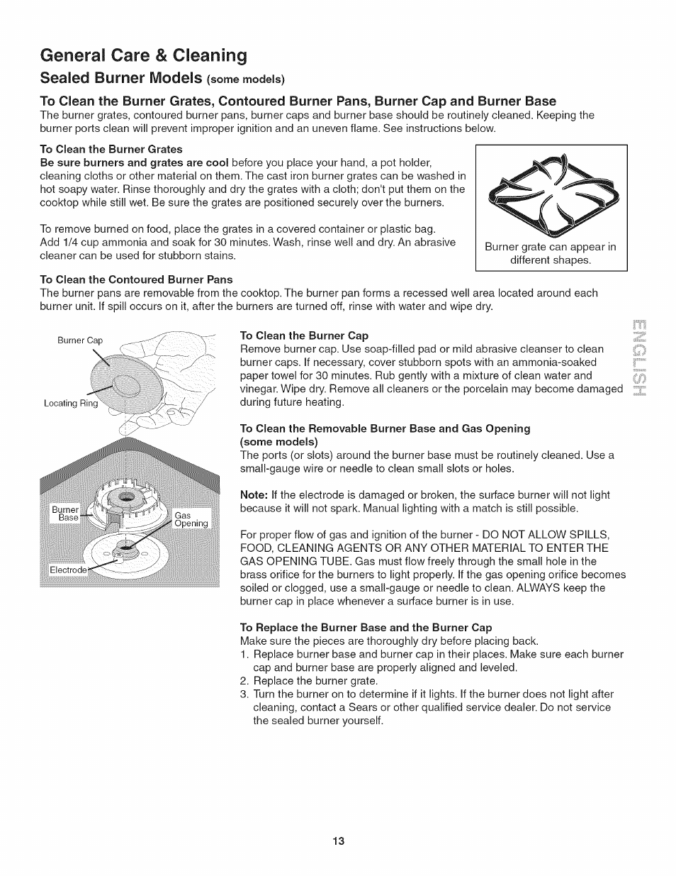 General care & cleaning, To clean the burner grates, To clean the contoured burner pans | To clean the burner cap, To replace the burner base and the burner cap, General care & cleaning -13, Sealed burner ivlodeis | Kenmore 3241 User Manual | Page 13 / 16