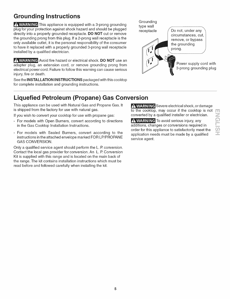 Liquefied petroleum (propane) gas conversion, Grounding instructions | Kenmore 3241 User Manual | Page 5 / 16