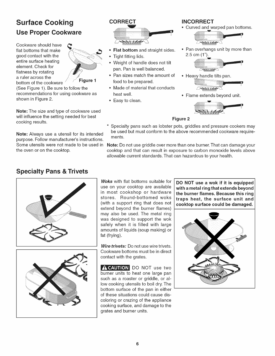 Surface cooking, Correct, Incorrect | Figure 2, Specialty pans & trivets, Use proper cookware | Kenmore 3241 User Manual | Page 6 / 16