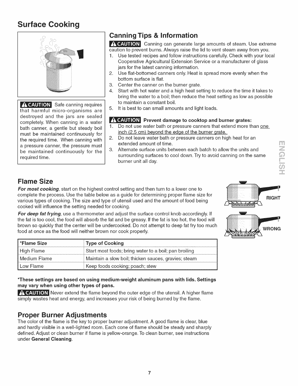 Surface cooking, Canning tips & information, Prevent damage to cooktop and burner grates | Flame size, Proper burner adjustments | Kenmore 3241 User Manual | Page 7 / 16