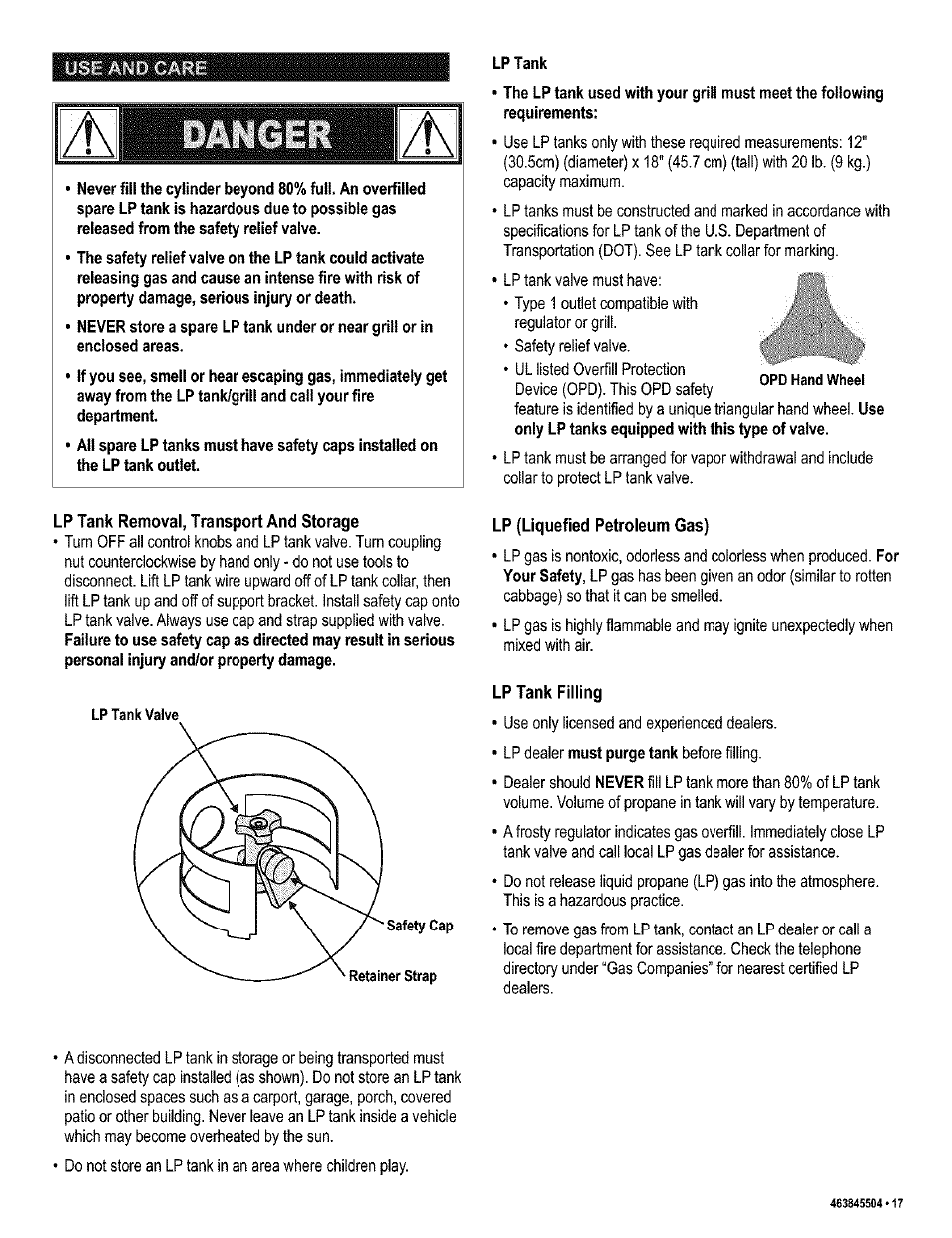 Lp tank removal, transport and storage, Lp (liquefied petroieum gas), Lptank filling | Kenmore 415.16218 User Manual | Page 17 / 28