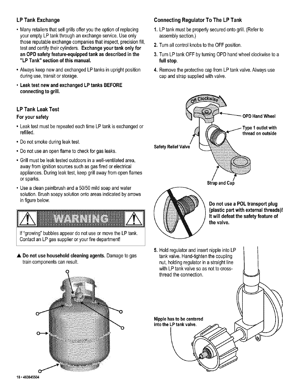 Lp tank exchange, Lp tank leak test, Connecting regulator to the lp tank | Kenmore 415.16218 User Manual | Page 18 / 28