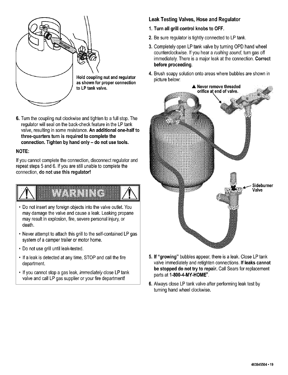 Leak testing valves, hose and regulator, Immediately, Rushing sound | Kenmore 415.16218 User Manual | Page 19 / 28