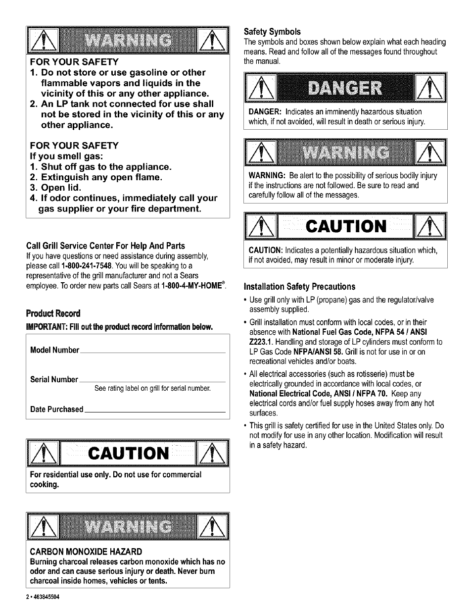 Product record, Caution | Kenmore 415.16218 User Manual | Page 2 / 28