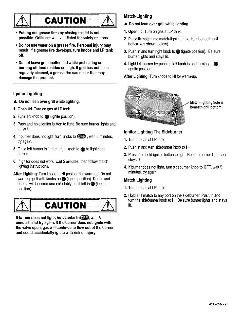 Ignitor lighting, Match-lighting, Ignitor lighting the sideburner | Match lighting, Caution | Kenmore 415.16218 User Manual | Page 21 / 28