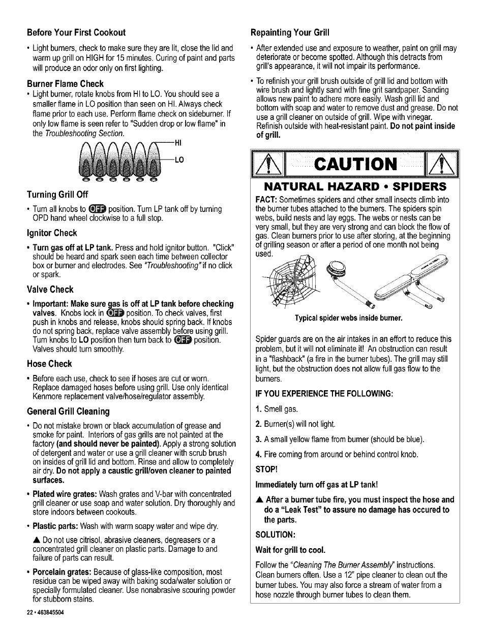 Before your first cookout, Burner flame check, Turning grill off | Ignitor check, Valve check, Hose check, General grill cleaning, Repainting your grill, Caution, Natural hazard • spiders | Kenmore 415.16218 User Manual | Page 22 / 28