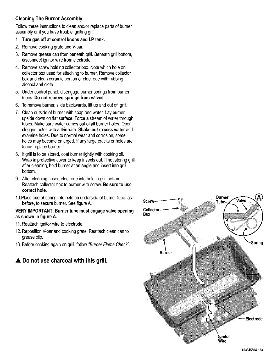 Cleaning the burner assembly, A do not use charcoal with this grill, Burner flame check". a | Kenmore 415.16218 User Manual | Page 23 / 28