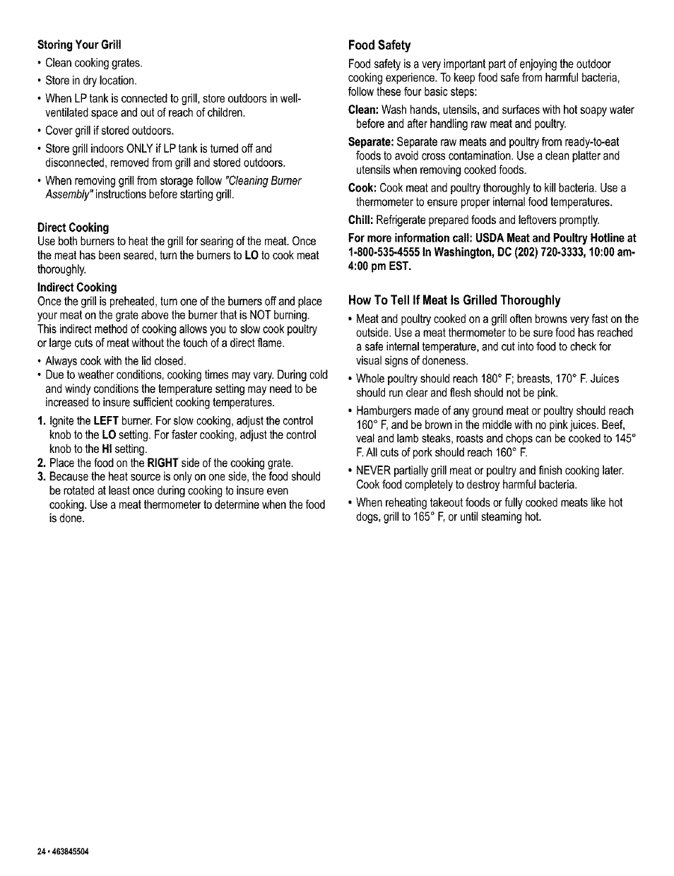 Food safety, How to tell if meat is grilled thoroughly, Cleaning burner assembly | Kenmore 415.16218 User Manual | Page 24 / 28