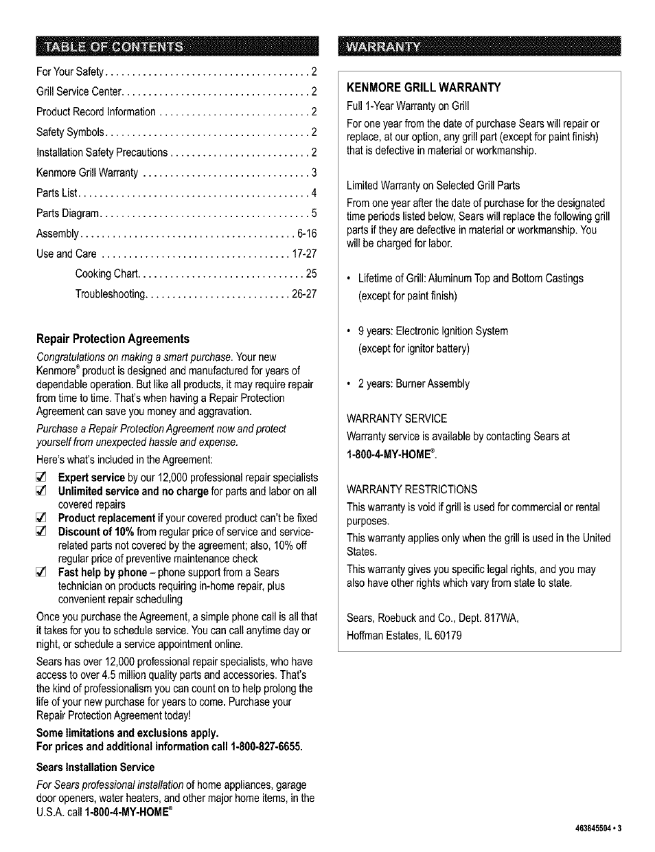 Repair protection agreements, Congratulaiions on making a smart purchase, For sears professional installation | Kenmore 415.16218 User Manual | Page 3 / 28