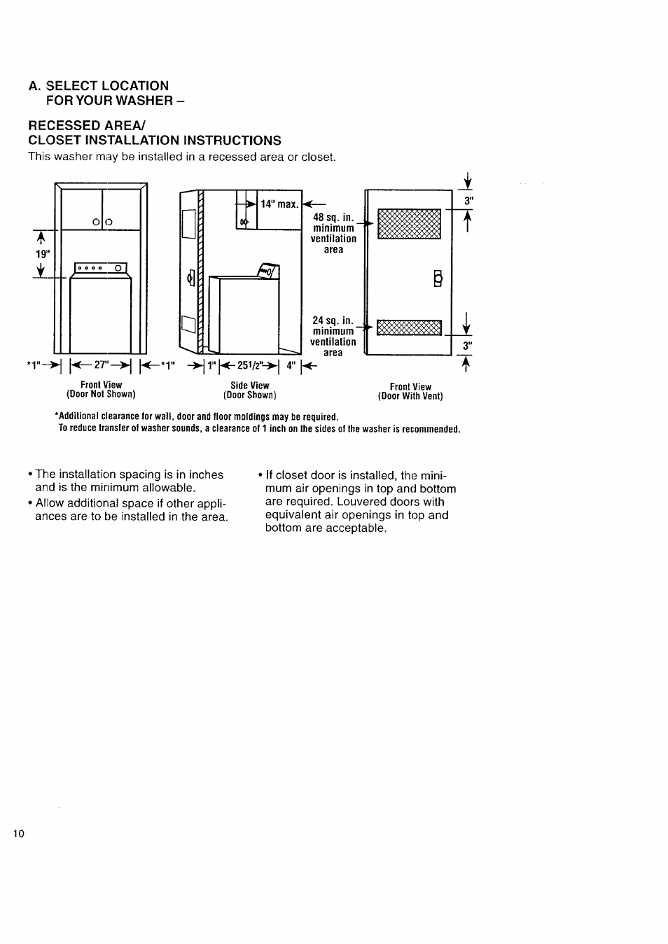 A. select location ifor your washer, Recessed area, Closet installation instructions | Kenmore Automatic Washers User Manual | Page 10 / 38