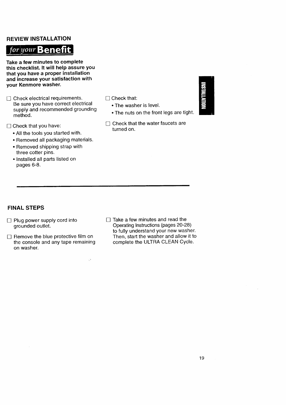 Benefit, For your | Kenmore Automatic Washers User Manual | Page 19 / 38
