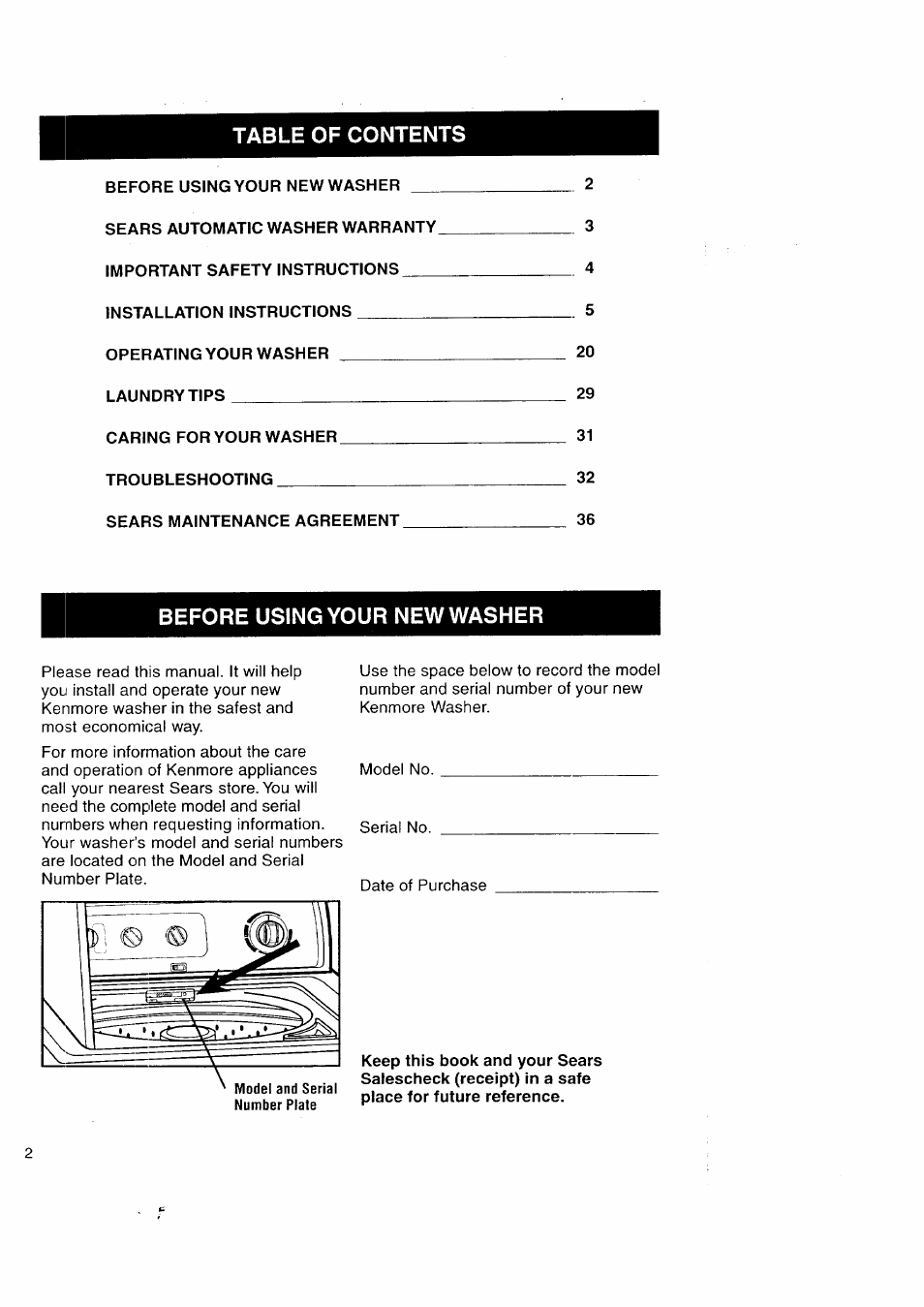 Kenmore Automatic Washers User Manual | Page 2 / 38