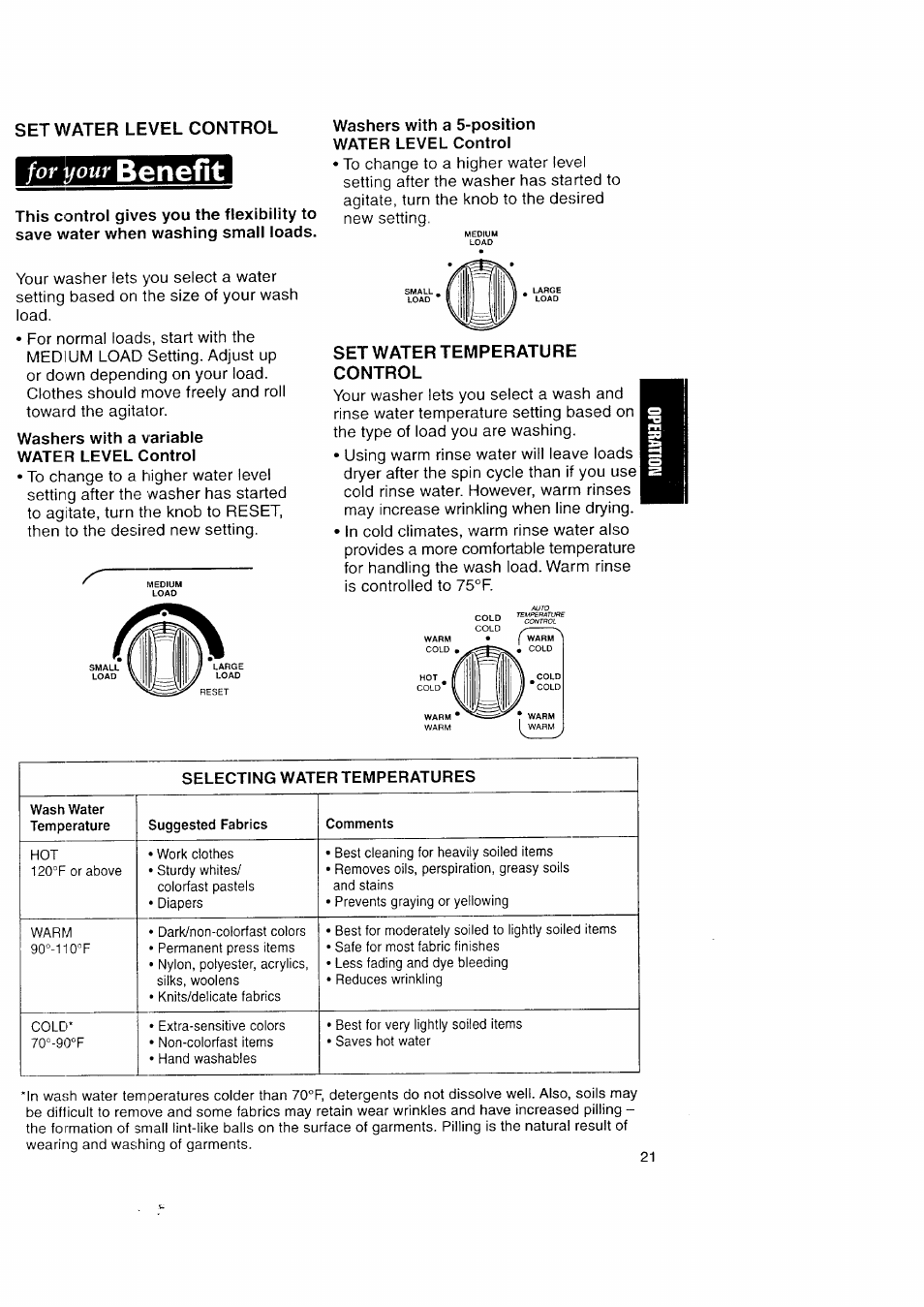 Set water level control, Set water temperature control, Benefit | For if our | Kenmore Automatic Washers User Manual | Page 21 / 38