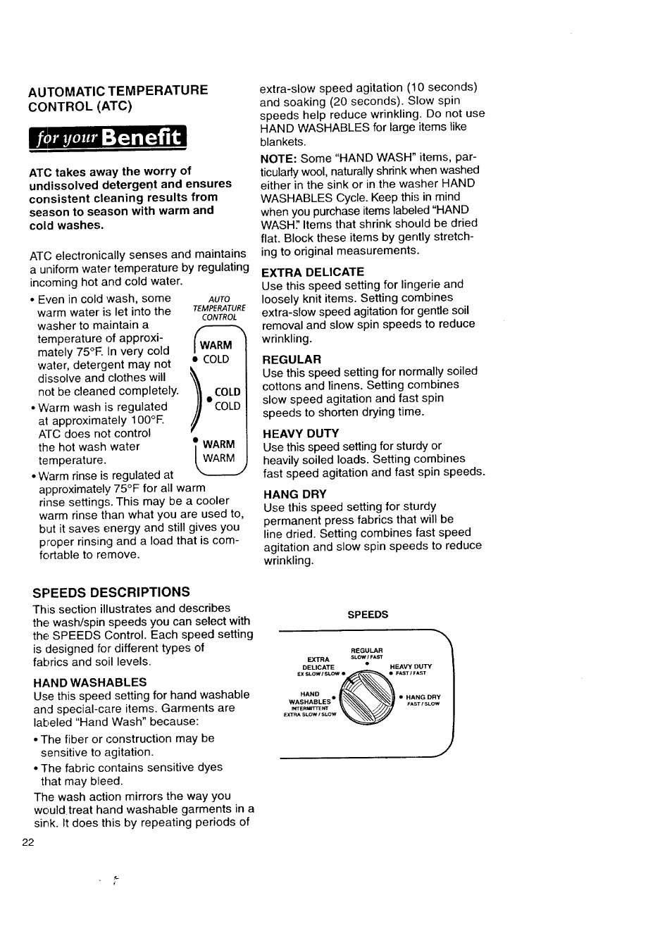 Automatic temperature control (атс), Speeds descriptions, Benefit | For your | Kenmore Automatic Washers User Manual | Page 22 / 38