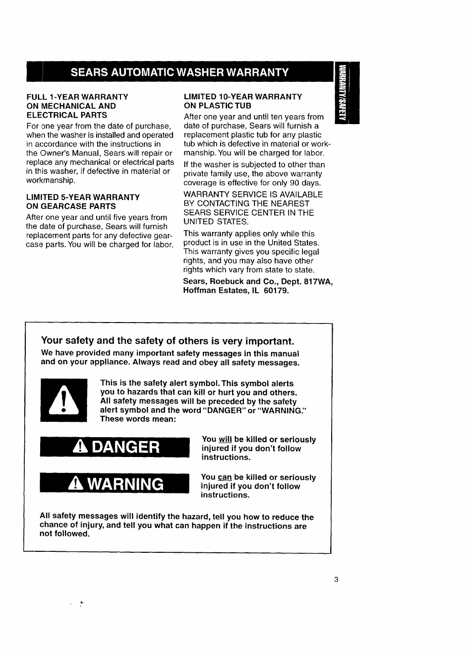 Sears automatic washer warranty, A danger, A warning | A danger a warning | Kenmore Automatic Washers User Manual | Page 3 / 38