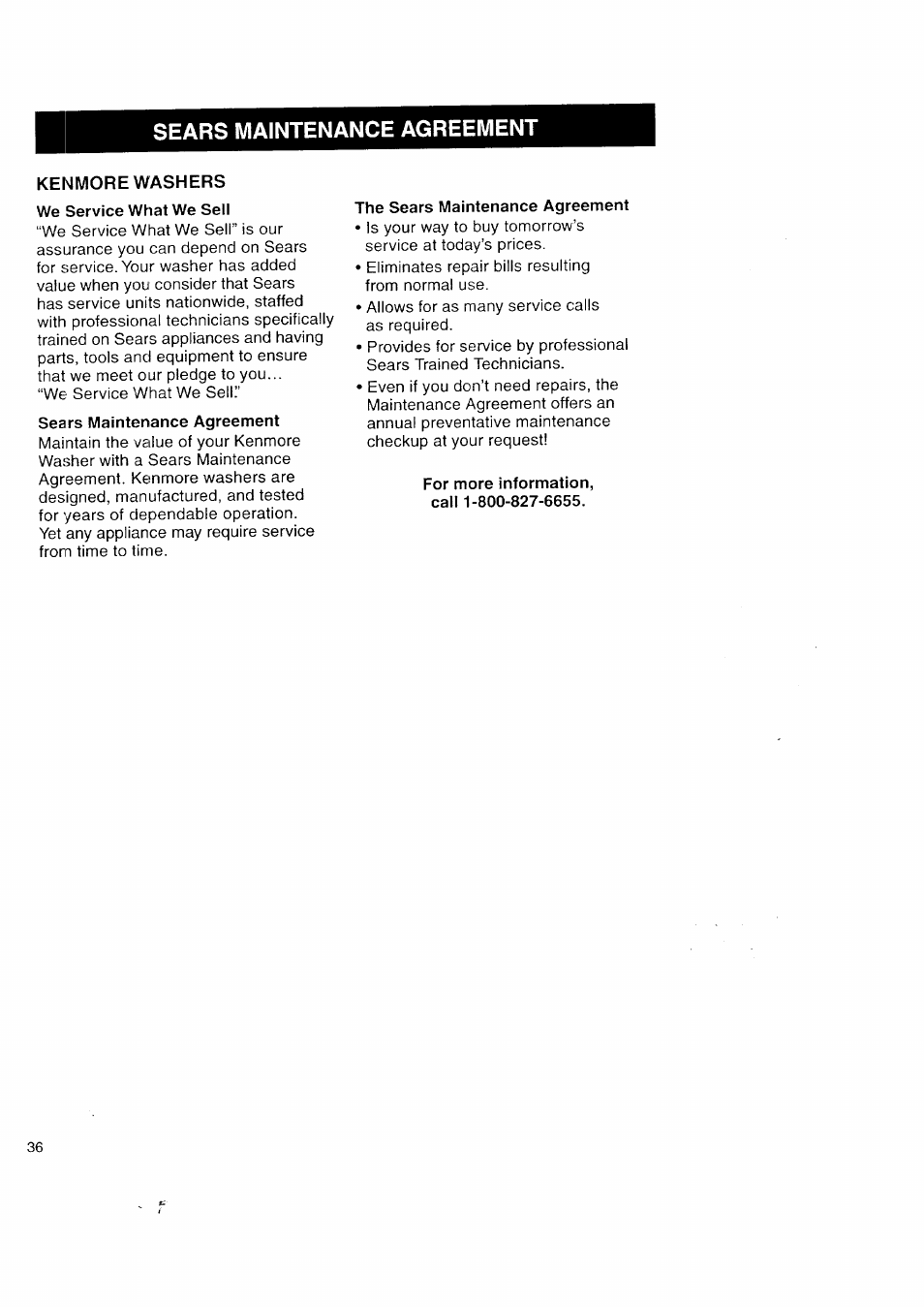 Sears maintenance agreement, Kenmore washers | Kenmore Automatic Washers User Manual | Page 36 / 38