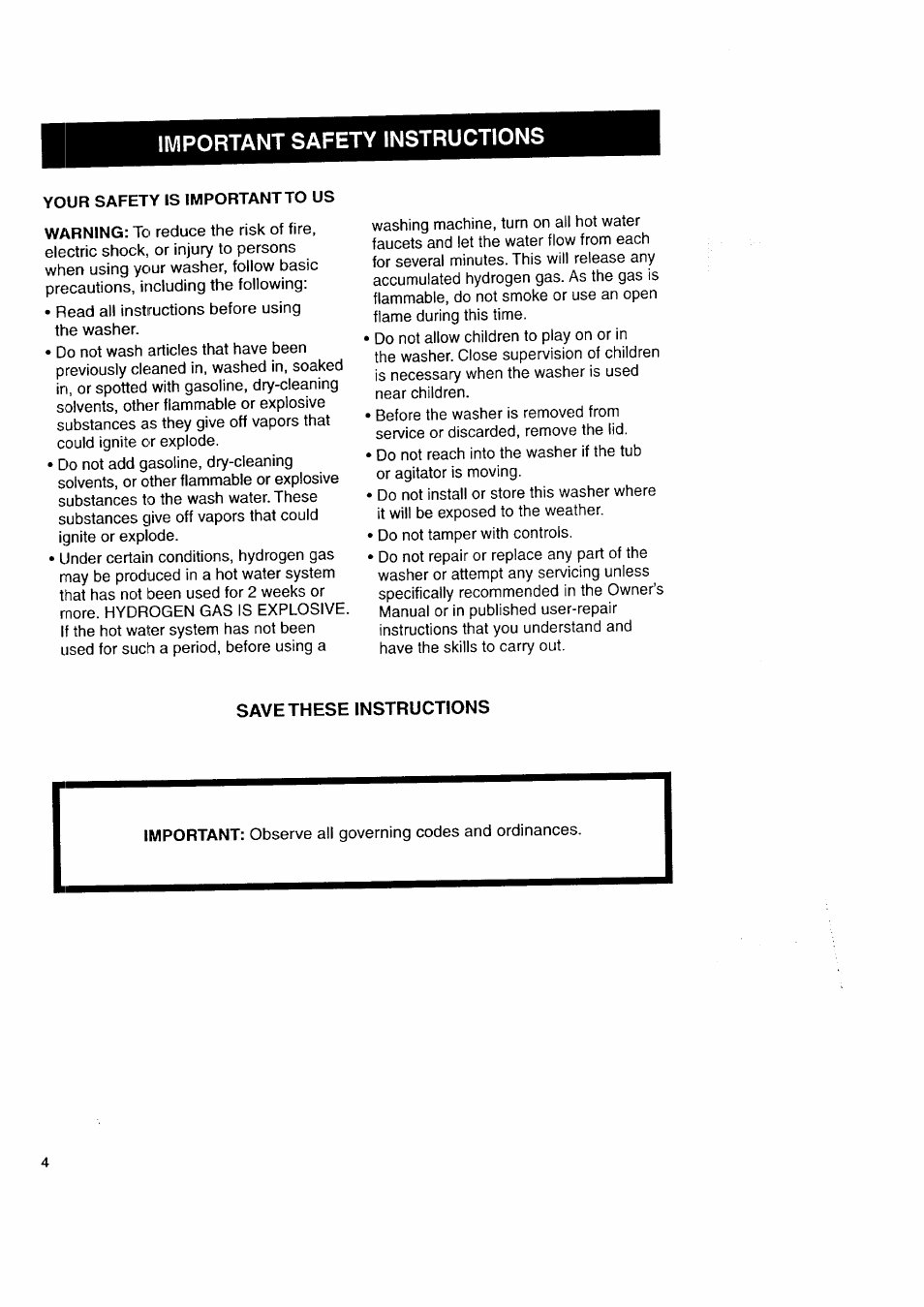 Save these instructions, Important safety instructions | Kenmore Automatic Washers User Manual | Page 4 / 38