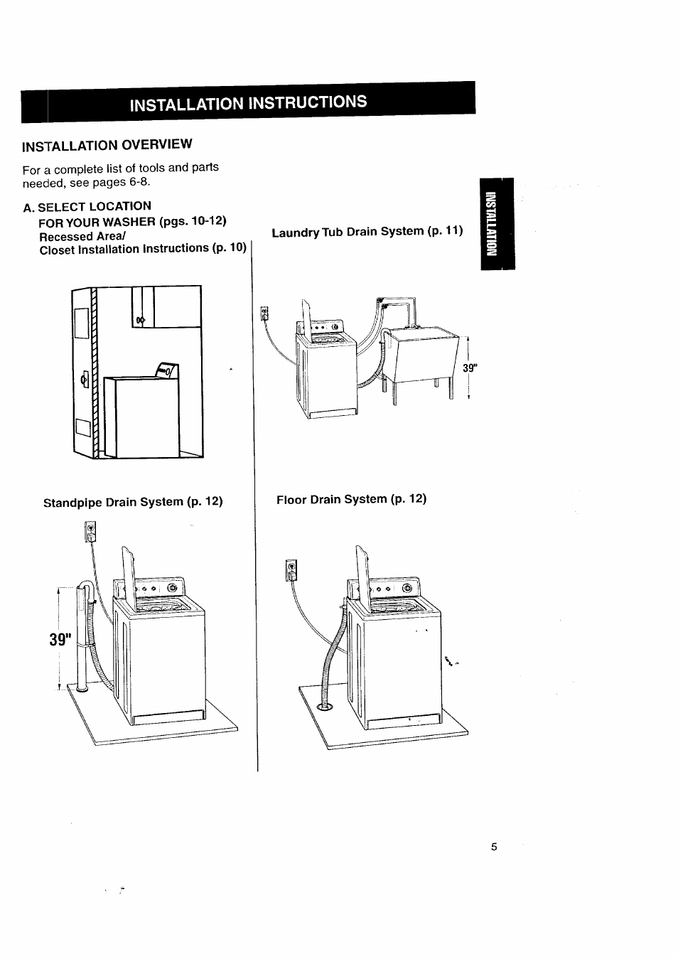 Installation overview, Installation instructions | Kenmore Automatic Washers User Manual | Page 5 / 38