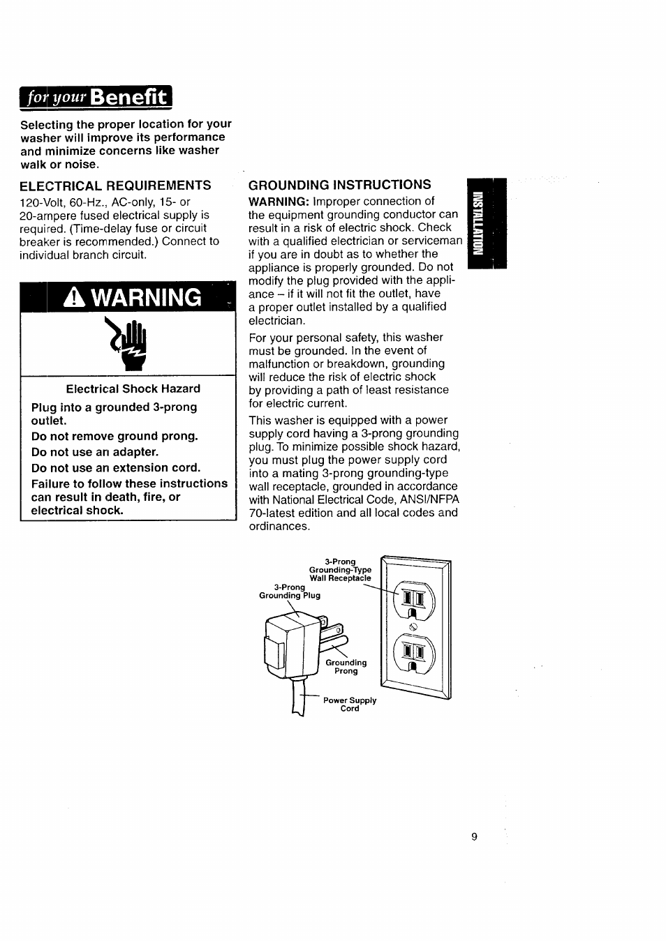 Electrical requirements, A warning, Benefit | Foi\ your | Kenmore Automatic Washers User Manual | Page 9 / 38