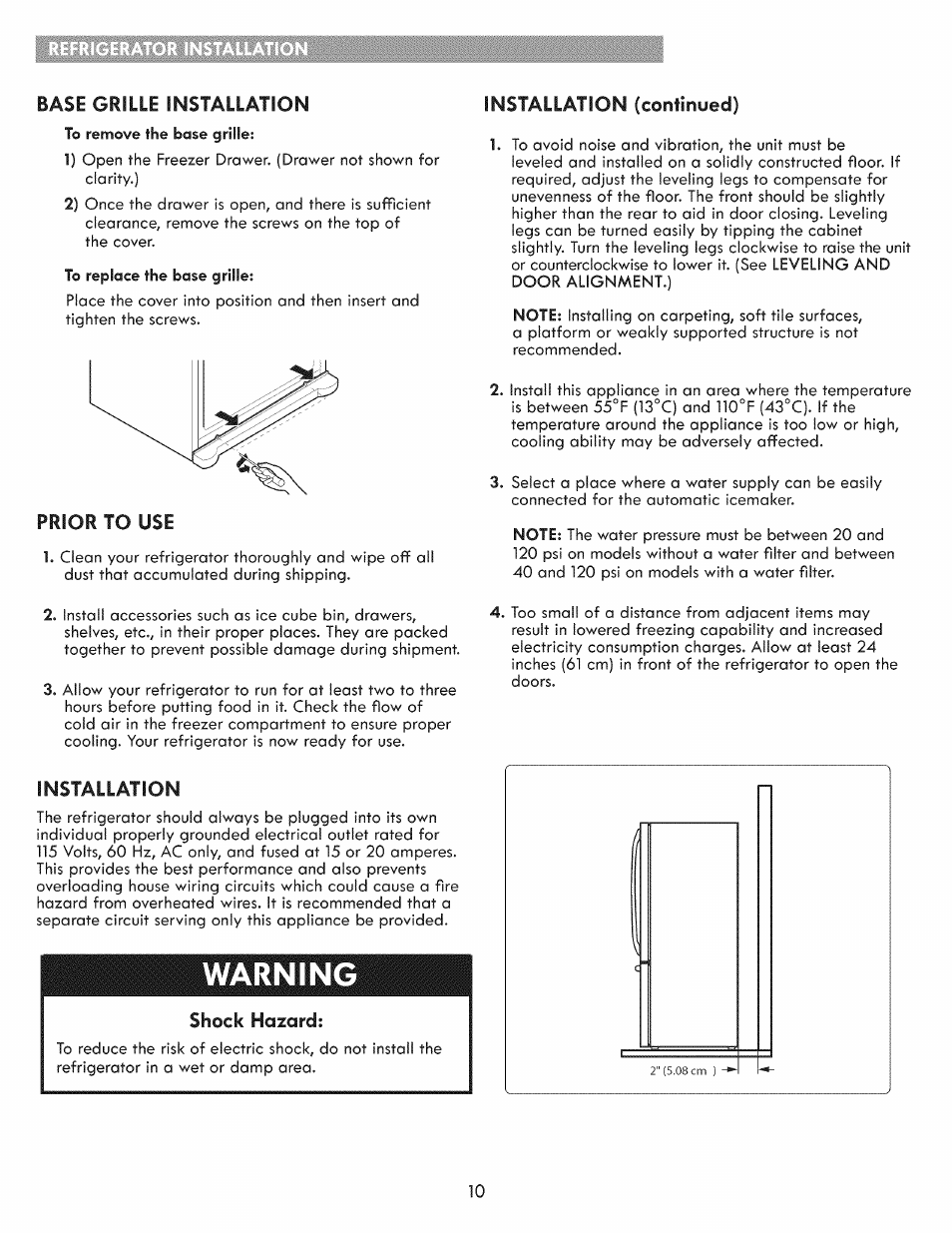 Warning, Base grille installation, Prior to use | Installation, Shock hazard, Installation (continued) | Kenmore ELITE 795.7103 User Manual | Page 10 / 44