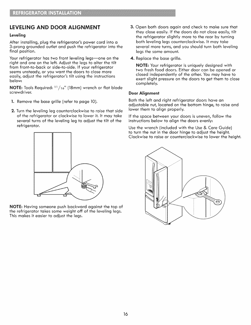 Leveling and door alignment, Leveling, Door alignment | Kenmore ELITE 795.7103 User Manual | Page 16 / 44