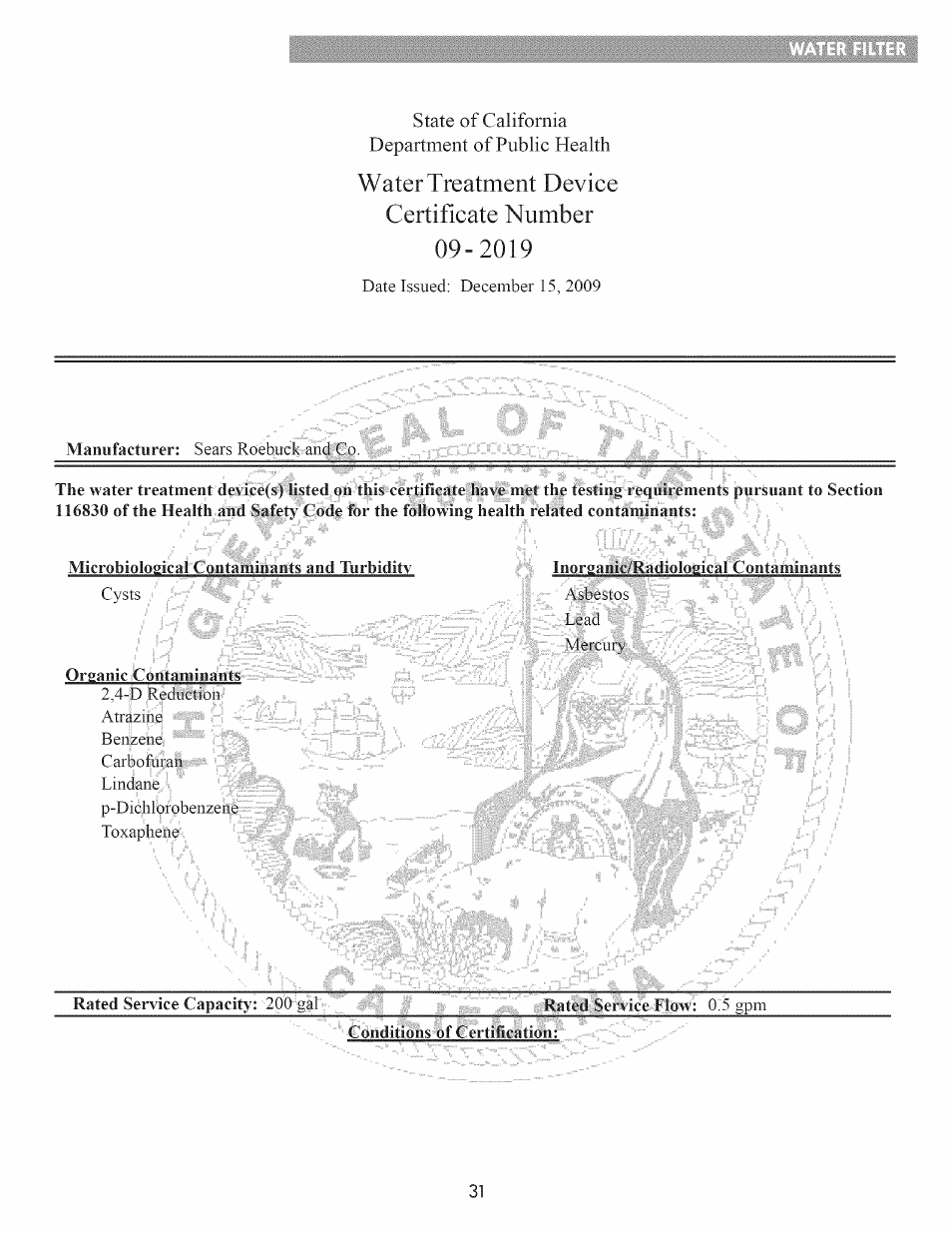 Water treatment deviee certifieate number | Kenmore ELITE 795.7103 User Manual | Page 31 / 44
