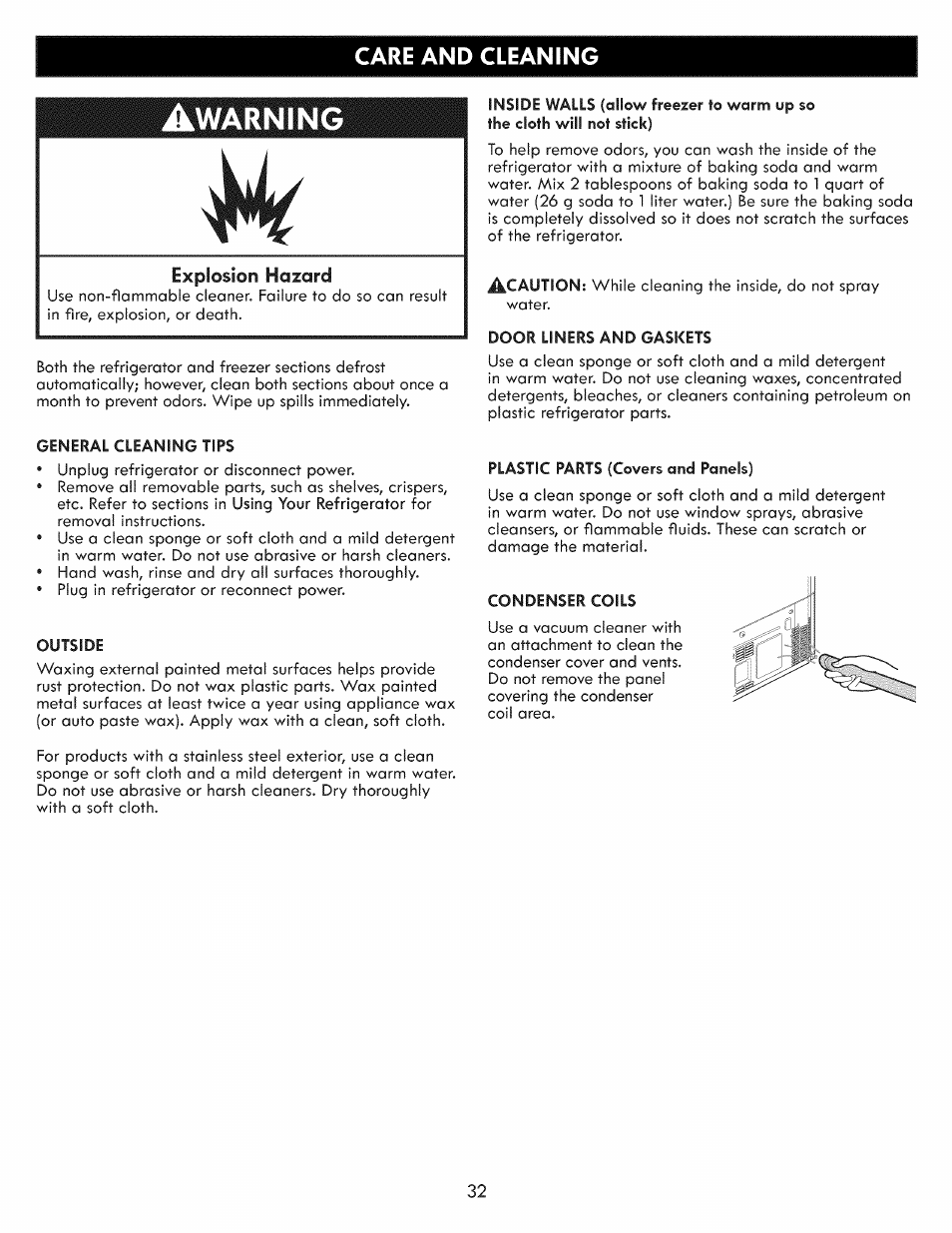 Care and cleaning, Warning, Explosion hazard | Kenmore ELITE 795.7103 User Manual | Page 32 / 44