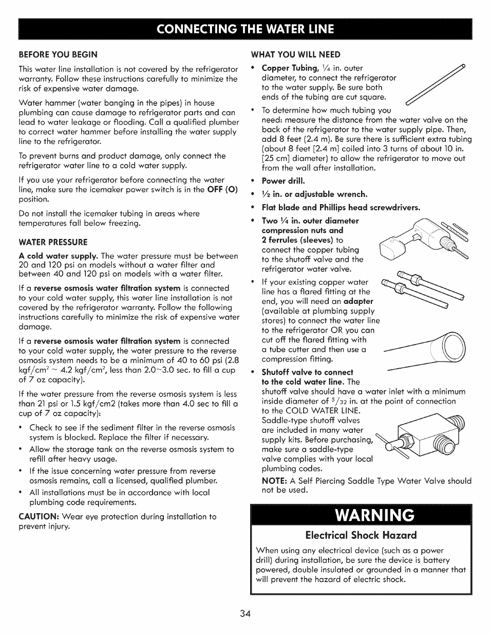 Connecting the water line, Electrical shock hazard, Connecting the water line -36 | Warning | Kenmore ELITE 795.7103 User Manual | Page 34 / 44
